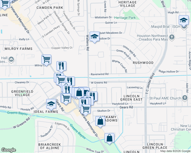map of restaurants, bars, coffee shops, grocery stores, and more near 2807 Ravenwind Road in Houston