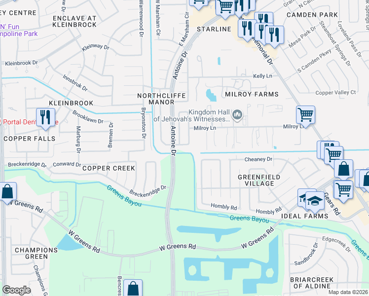map of restaurants, bars, coffee shops, grocery stores, and more near 3519 Claverton Drive in Houston