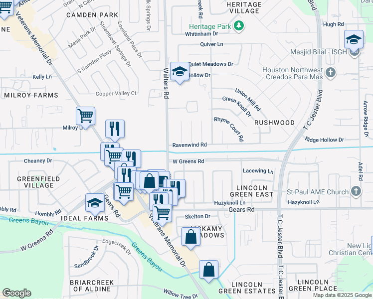map of restaurants, bars, coffee shops, grocery stores, and more near 2807 Ravenwind Rd in Houston