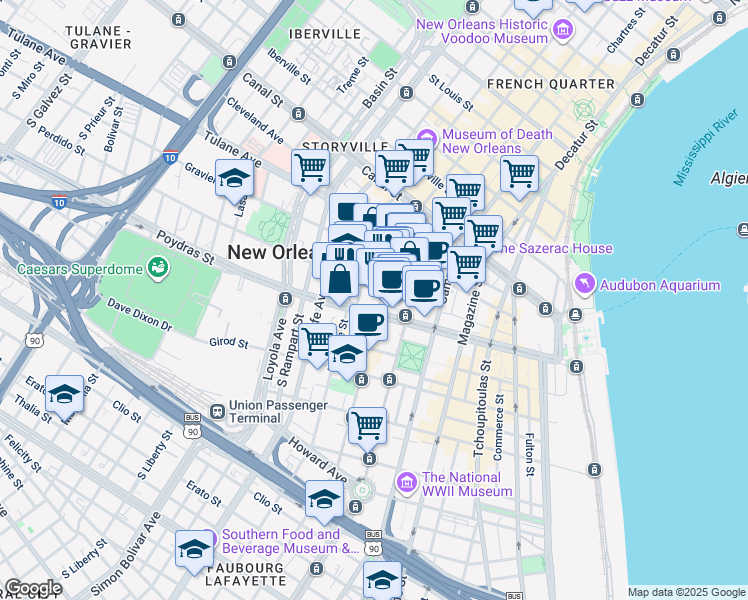 map of restaurants, bars, coffee shops, grocery stores, and more near 822 Perdido Street in New Orleans