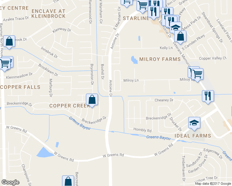 map of restaurants, bars, coffee shops, grocery stores, and more near 3519 Claverton Drive in Houston