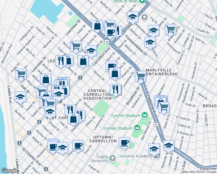 map of restaurants, bars, coffee shops, grocery stores, and more near 1919 Burdette Street in New Orleans