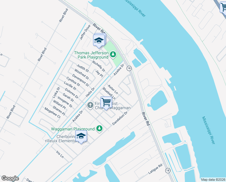 map of restaurants, bars, coffee shops, grocery stores, and more near 32 Aster Lane in Westwego
