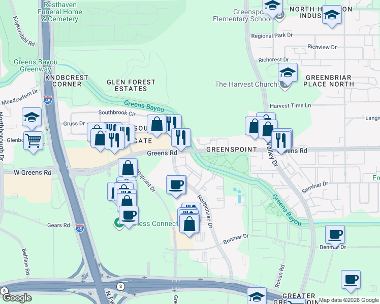 map of restaurants, bars, coffee shops, grocery stores, and more near Greens Road in Houston