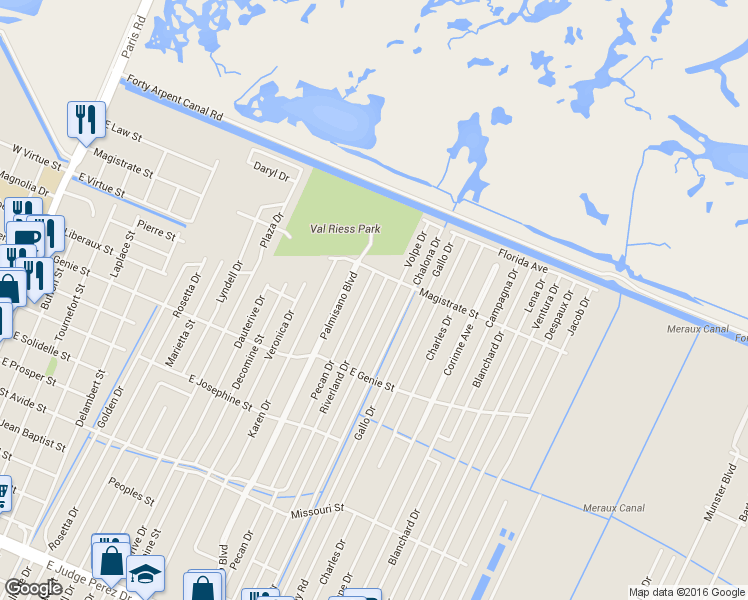 map of restaurants, bars, coffee shops, grocery stores, and more near 3804 Riverland Drive in Chalmette
