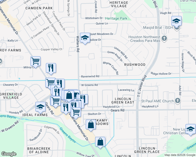 map of restaurants, bars, coffee shops, grocery stores, and more near 2615 Ravenwind Road in Houston