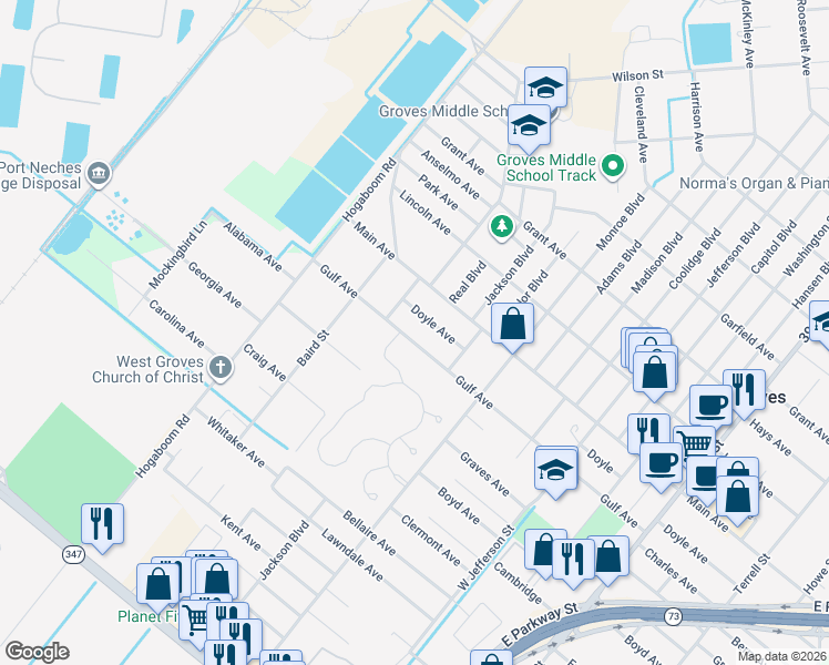 map of restaurants, bars, coffee shops, grocery stores, and more near 5049 Doyle Avenue in Groves