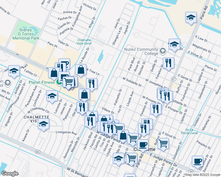 map of restaurants, bars, coffee shops, grocery stores, and more near 3122 Derbigny Street in Chalmette
