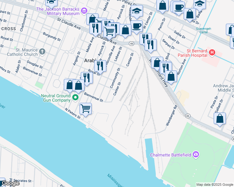 map of restaurants, bars, coffee shops, grocery stores, and more near 415 Center Street in Arabi