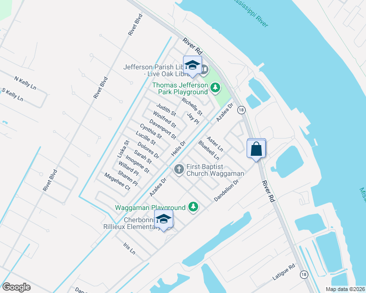 map of restaurants, bars, coffee shops, grocery stores, and more near 345 Helis Drive in Westwego