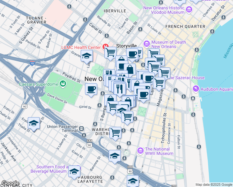 map of restaurants, bars, coffee shops, grocery stores, and more near 909 Poydras Street in New Orleans