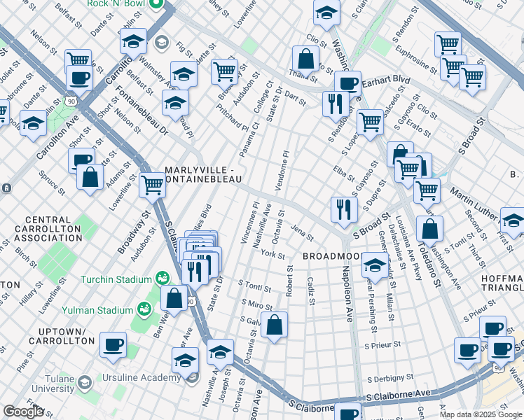 map of restaurants, bars, coffee shops, grocery stores, and more near 3810 Nashville Avenue in New Orleans