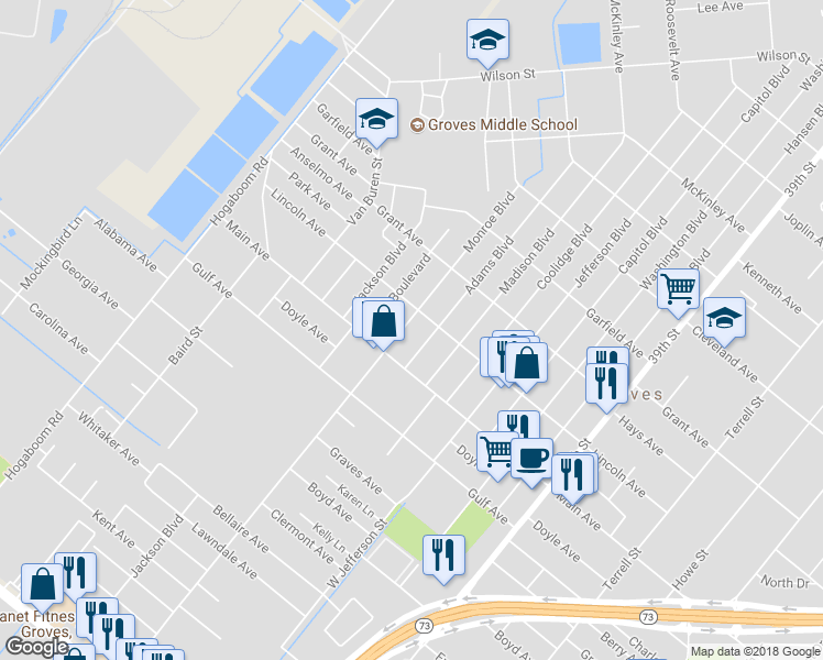 map of restaurants, bars, coffee shops, grocery stores, and more near 6160 Monroe Boulevard in Groves