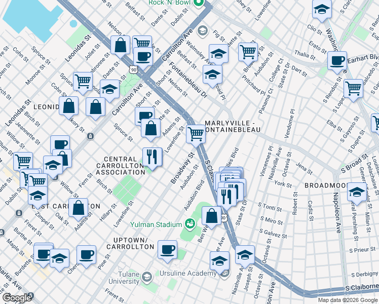 map of restaurants, bars, coffee shops, grocery stores, and more near 2200 Broadway Street in New Orleans