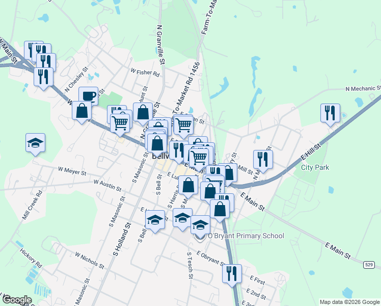 map of restaurants, bars, coffee shops, grocery stores, and more near 229 East Palm Street in Bellville