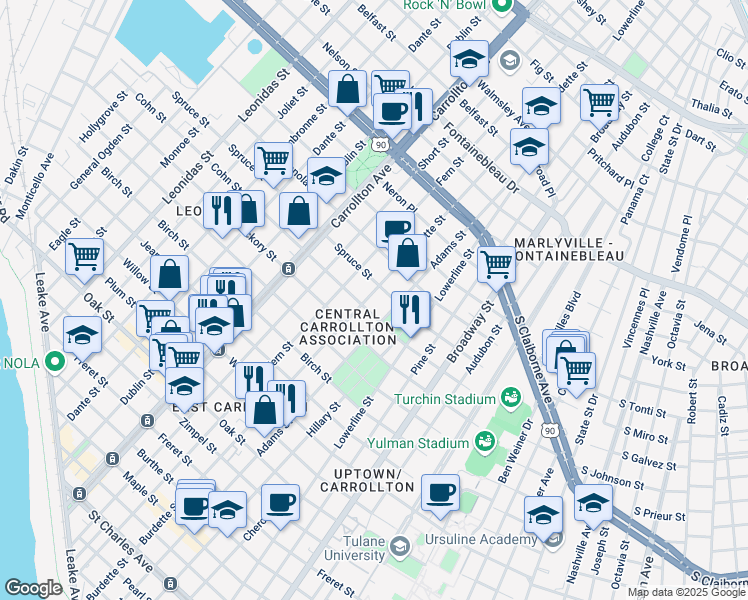 map of restaurants, bars, coffee shops, grocery stores, and more near 1919 Burdette Street in New Orleans