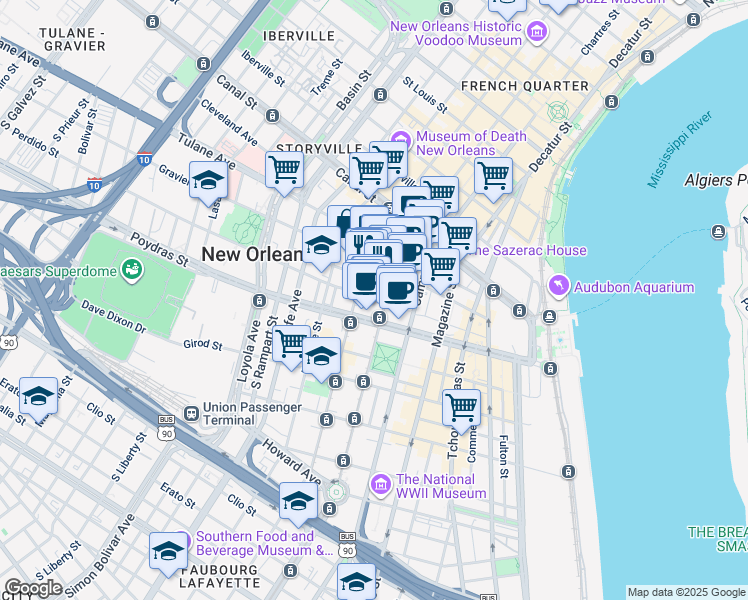 map of restaurants, bars, coffee shops, grocery stores, and more near 330 Carondelet Street in New Orleans