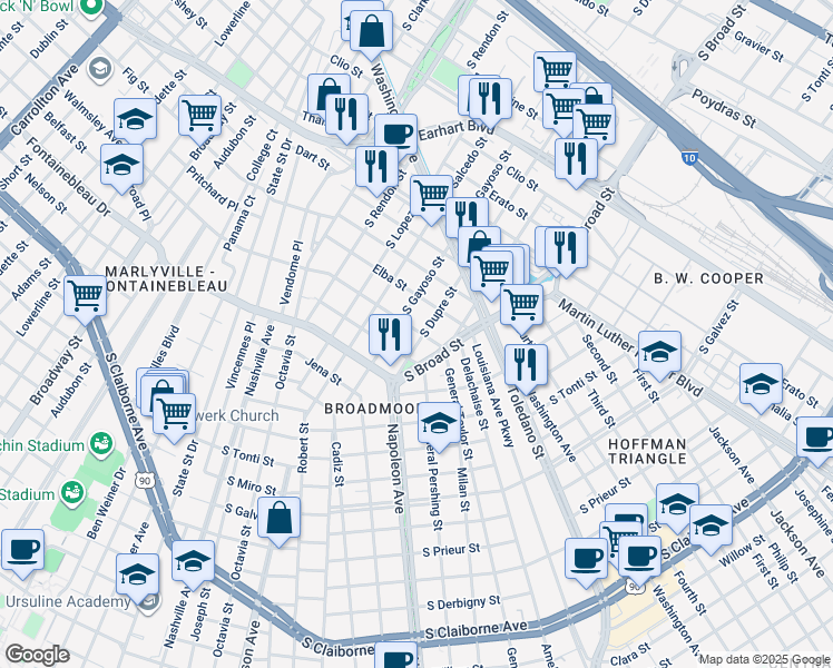 map of restaurants, bars, coffee shops, grocery stores, and more near 1903 South Dupre Street in New Orleans