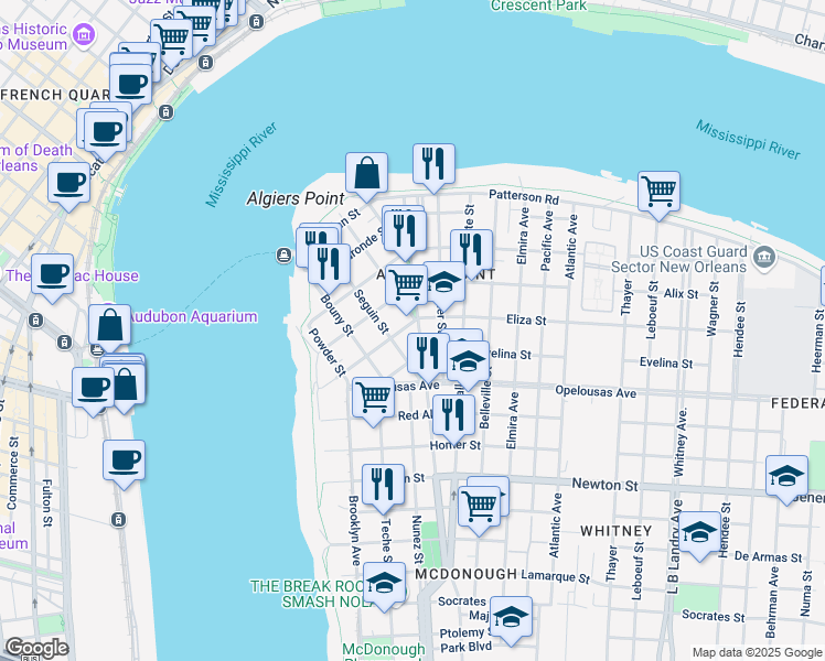 map of restaurants, bars, coffee shops, grocery stores, and more near 429 Eliza Street in New Orleans