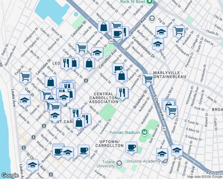 map of restaurants, bars, coffee shops, grocery stores, and more near 1919 Burdette Street in New Orleans