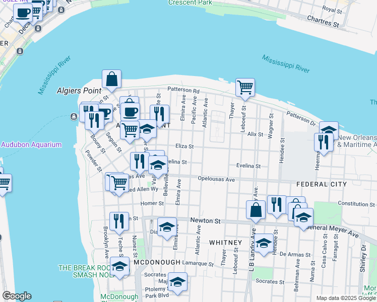 map of restaurants, bars, coffee shops, grocery stores, and more near 511 Pacific Avenue in New Orleans