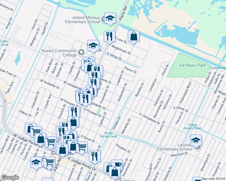 map of restaurants, bars, coffee shops, grocery stores, and more near 3516 Laplace Street in Chalmette