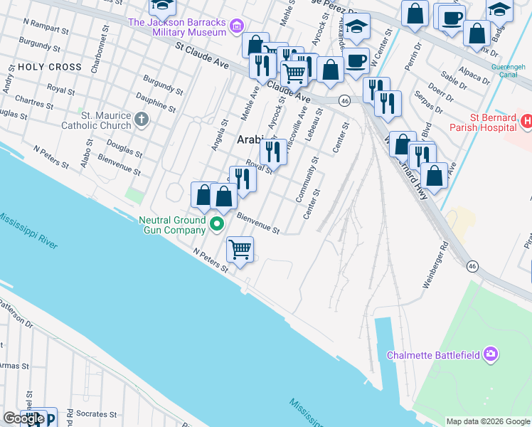 map of restaurants, bars, coffee shops, grocery stores, and more near 433 Friscoville Avenue in Arabi
