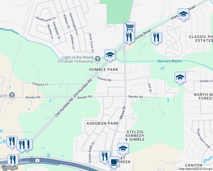 map of restaurants, bars, coffee shops, grocery stores, and more near 7819 Eastern Bluebird Drive in Humble