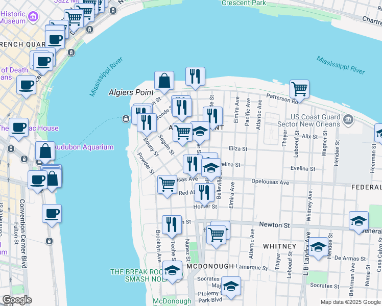 map of restaurants, bars, coffee shops, grocery stores, and more near 429 Eliza Street in New Orleans