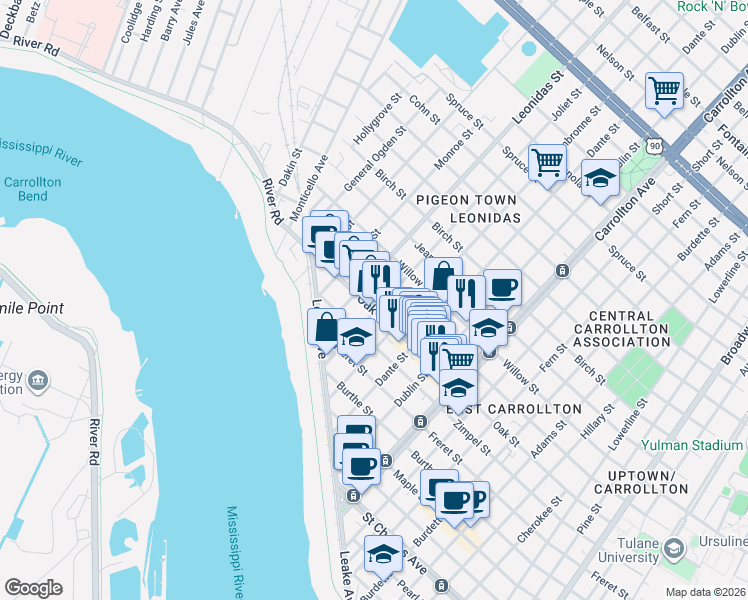 map of restaurants, bars, coffee shops, grocery stores, and more near 8523 Oak Street in New Orleans