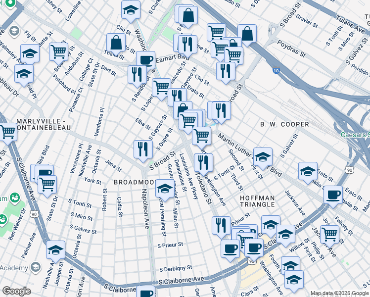 map of restaurants, bars, coffee shops, grocery stores, and more near 3970 Toledano Street in New Orleans