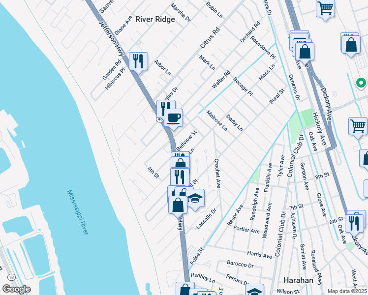 map of restaurants, bars, coffee shops, grocery stores, and more near 513 Bellview Street in River Ridge