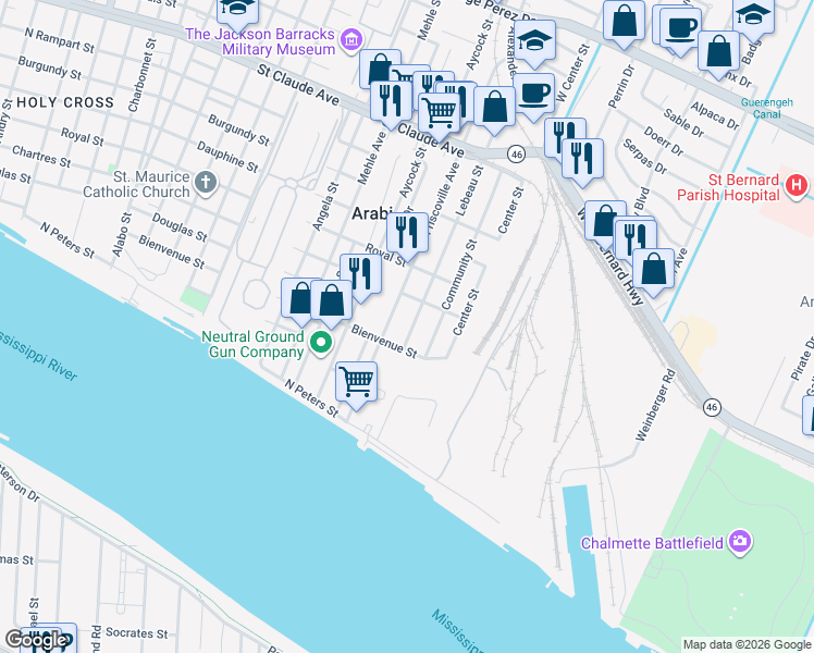 map of restaurants, bars, coffee shops, grocery stores, and more near 433 Friscoville Avenue in Arabi