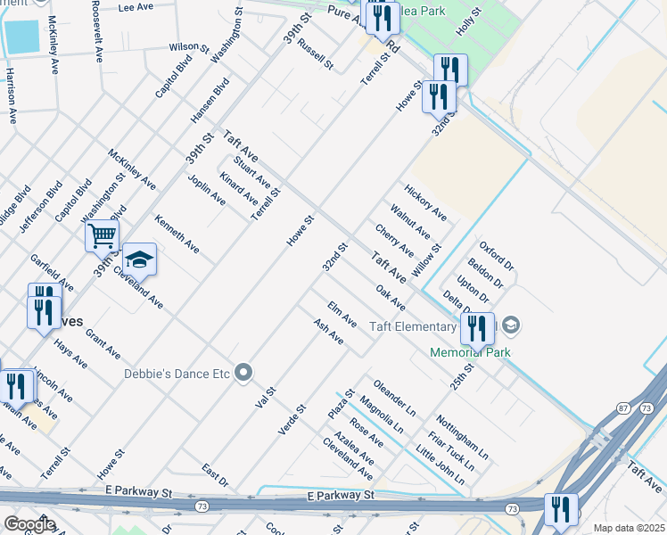 map of restaurants, bars, coffee shops, grocery stores, and more near 6801 32nd Street in Groves