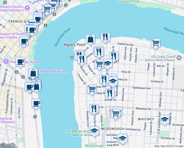 map of restaurants, bars, coffee shops, grocery stores, and more near 519 Seguin Street in New Orleans