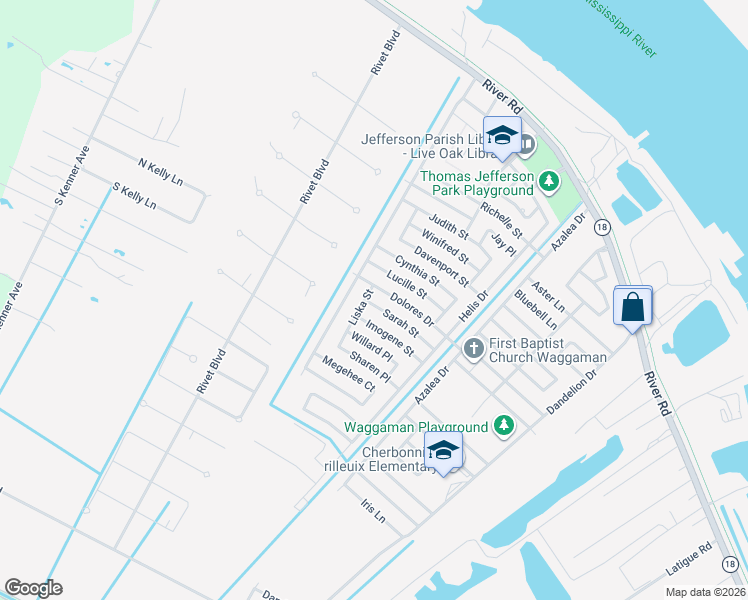 map of restaurants, bars, coffee shops, grocery stores, and more near 4217 Woodlawn Avenue in Westwego