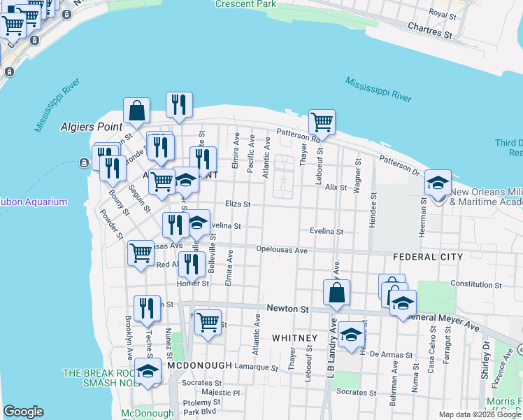 map of restaurants, bars, coffee shops, grocery stores, and more near 1027 Eliza Street in New Orleans