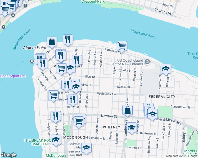 map of restaurants, bars, coffee shops, grocery stores, and more near 1027 Eliza Street in New Orleans