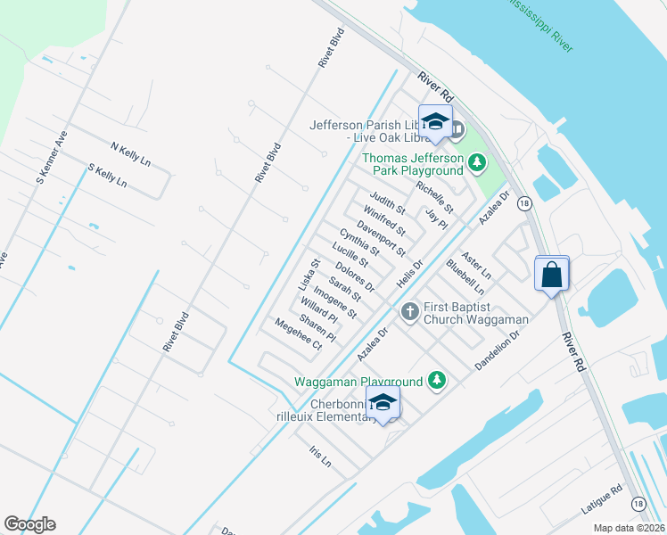 map of restaurants, bars, coffee shops, grocery stores, and more near 4217 Woodlawn Avenue in Westwego