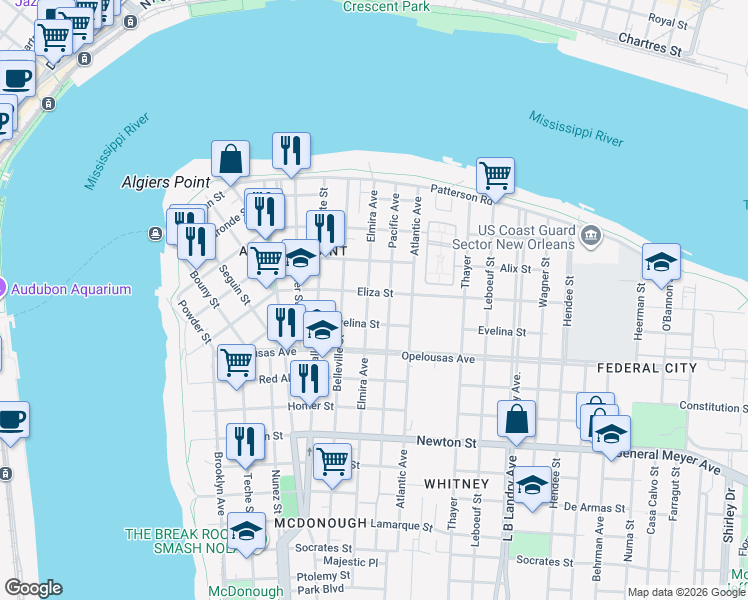 map of restaurants, bars, coffee shops, grocery stores, and more near 511 Pacific Avenue in New Orleans