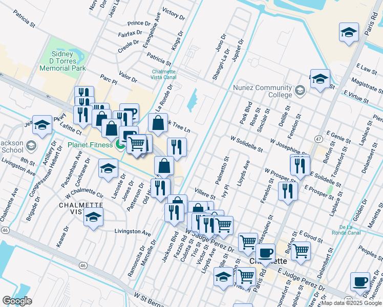 map of restaurants, bars, coffee shops, grocery stores, and more near 301 Southern Place in Chalmette