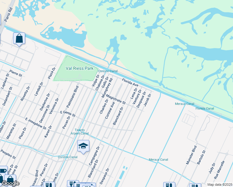 map of restaurants, bars, coffee shops, grocery stores, and more near 3812 Corinne Avenue in Chalmette