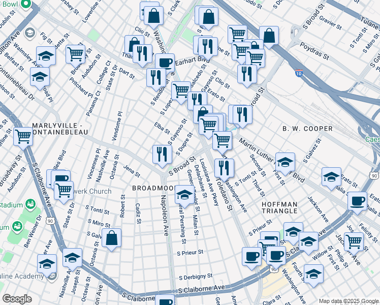 map of restaurants, bars, coffee shops, grocery stores, and more near 1815 South White Street in New Orleans