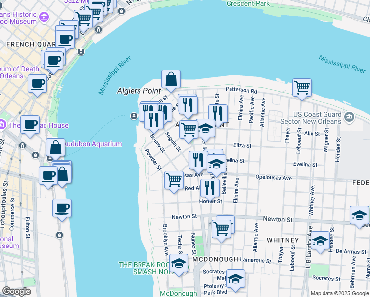 map of restaurants, bars, coffee shops, grocery stores, and more near 429 Eliza Street in New Orleans