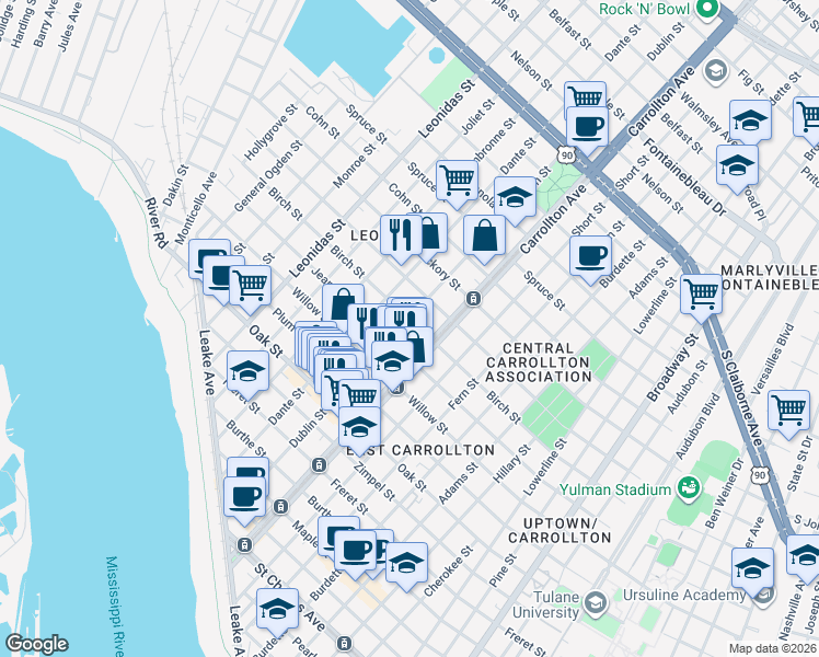 map of restaurants, bars, coffee shops, grocery stores, and more near 8122 Birch Street in New Orleans