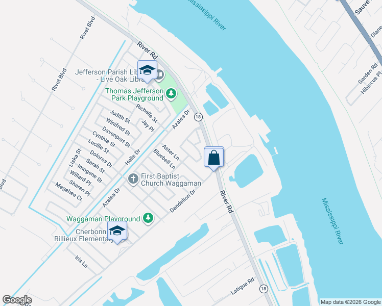 map of restaurants, bars, coffee shops, grocery stores, and more near 25 Goldenrod Lane in Westwego
