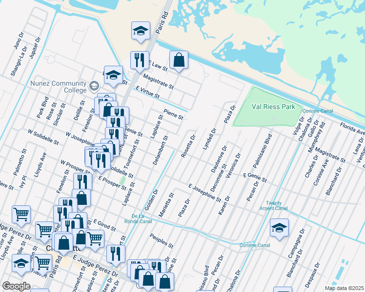 map of restaurants, bars, coffee shops, grocery stores, and more near in Chalmette
