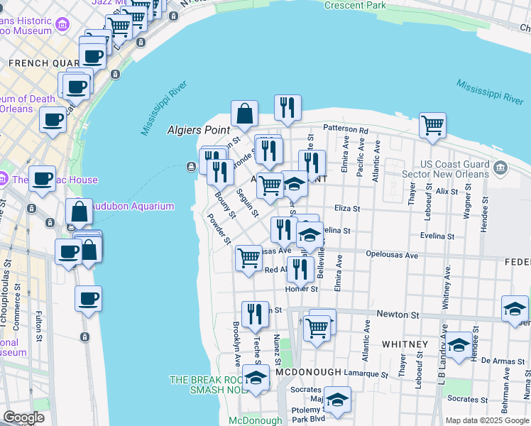 map of restaurants, bars, coffee shops, grocery stores, and more near 429 Eliza Street in New Orleans