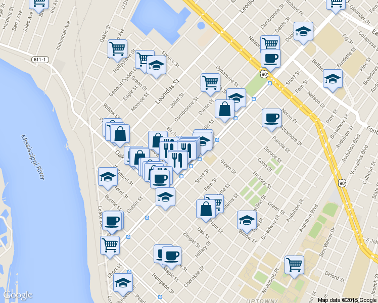 map of restaurants, bars, coffee shops, grocery stores, and more near 8122 Birch Street in New Orleans