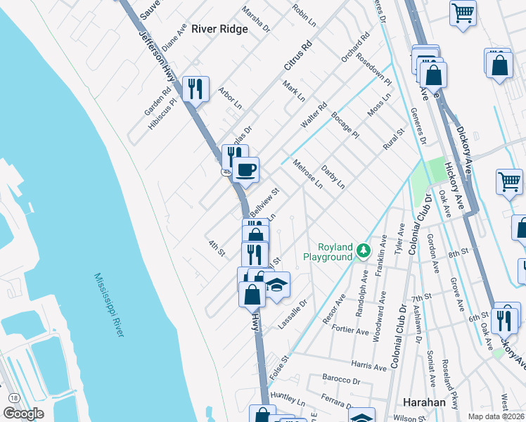 map of restaurants, bars, coffee shops, grocery stores, and more near 513 Bellview Street in River Ridge